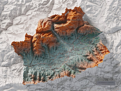 Mapa de relleu de la Cerdanya completa, amb el territori en color i l’entorn en blanc. Vista completa de la làmina. 30 × 40 cm. Estil Blau i taronja. Aigua del mapa en blanc.