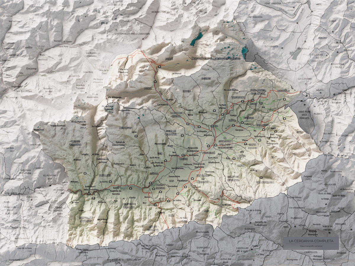 Mapa de relleu de la Cerdanya completa, amb el territori en color i l’entorn en blanc. Vista completa de la làmina. 30 × 40 cm. Estil Cartogràfic.