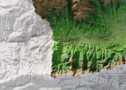 Mapa de relleu de la Cerdanya completa, amb el territori en color i l’entorn en blanc. Detall de la part inferior esquerra. 50 × 70 cm. Estil Clàssic.