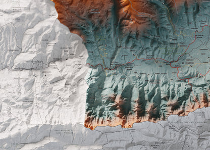 Mapa de relleu de la Cerdanya completa, amb el territori en color i l’entorn en blanc. Detall de la part inferior esquerra. 50 × 70 cm. Estil Blau i taronja. Aigua del mapa en blanc.