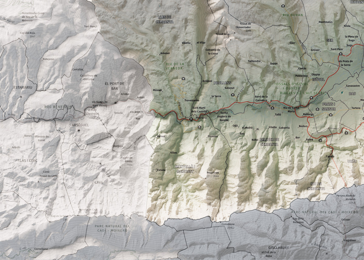Mapa de relleu de la Cerdanya completa, amb el territori en color i l’entorn en blanc. Detall de la part inferior esquerra. 50 × 70 cm. Estil Cartogràfic.