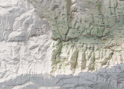 Mapa de relleu de la Cerdanya completa, amb el territori en color i l’entorn en blanc. Detall de la part inferior esquerra. 50 × 70 cm. Estil Cartogràfic.