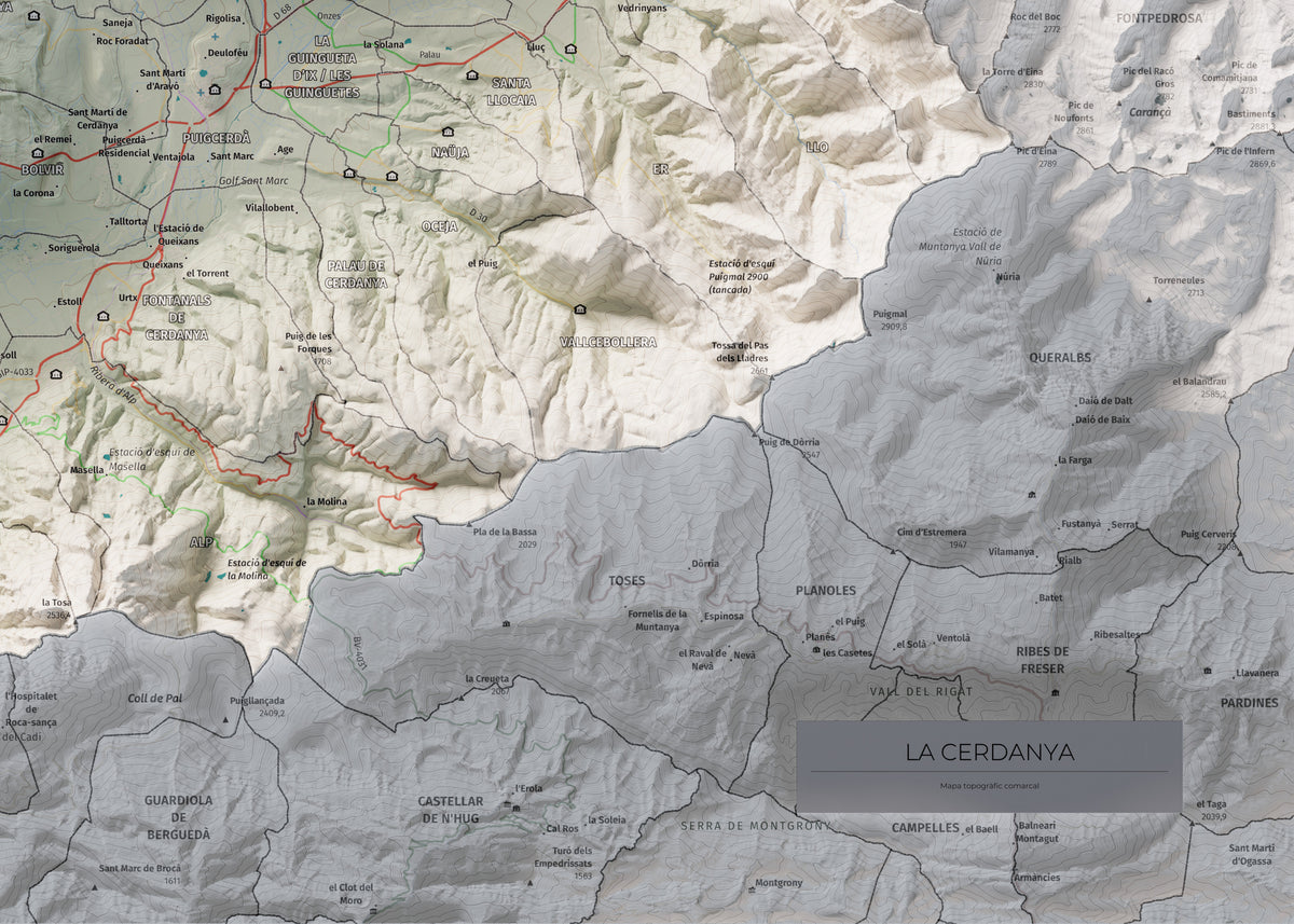 Mapa de relieve de la Cerdanya completa, con el territorio en color y el entorno en blanco. Detalle de la zona inferior derecha. 50 × 70 cm. Estilo Cartográfico.