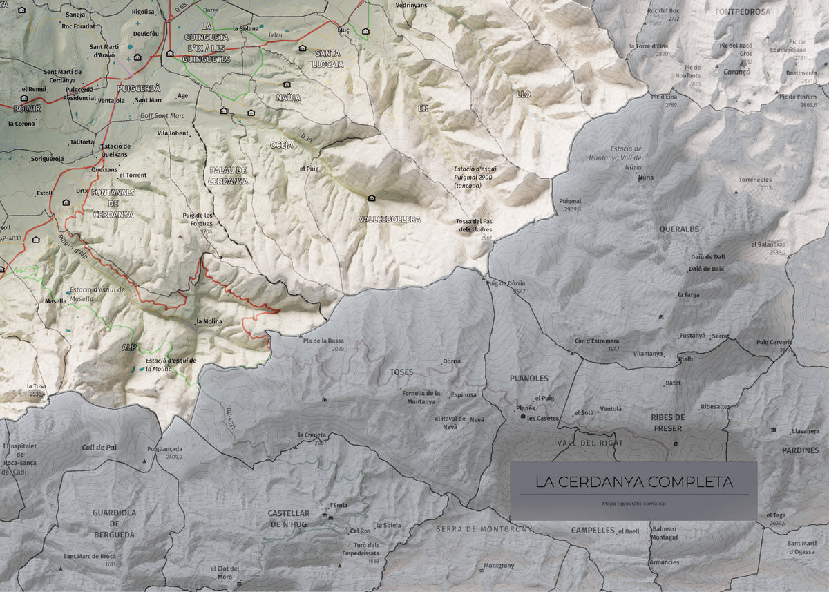 Mapa de relleu de la Cerdanya completa, amb el territori en color i l’entorn en blanc. Detall de la part inferior dreta. 50 × 70 cm. Estil Cartogràfic.