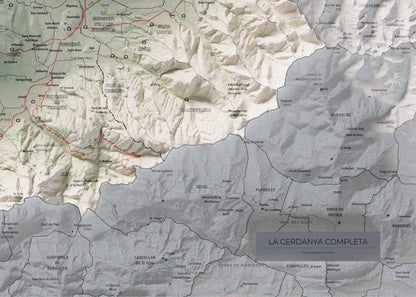 Mapa de relleu de la Cerdanya completa, amb el territori en color i l’entorn en blanc. Detall de la part inferior dreta. 50 × 70 cm. Estil Cartogràfic.