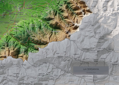 Mapa de relieve de la Cerdanya completa, con el territorio en color y el entorno en blanco. Detalle de la zona inferior derecha. 50 × 70 cm. Estilo Clásico.