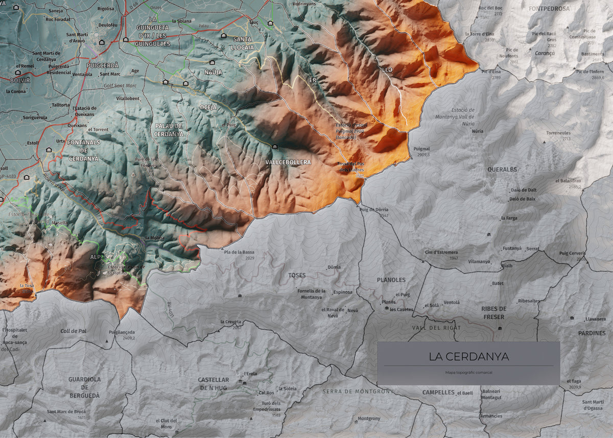 Mapa de relieve de la Cerdanya completa, con el territorio en color y el entorno en blanco. Detalle de la zona inferior derecha. 50 × 70 cm. Estilo Contrastado. Agua del mapa en blanco.
