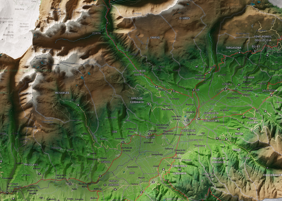 Mapa de relieve de la Cerdanya completa, con el territorio en color y el entorno en blanco. Detalle de la zona central. 50 × 70 cm. Estilo Clásico.