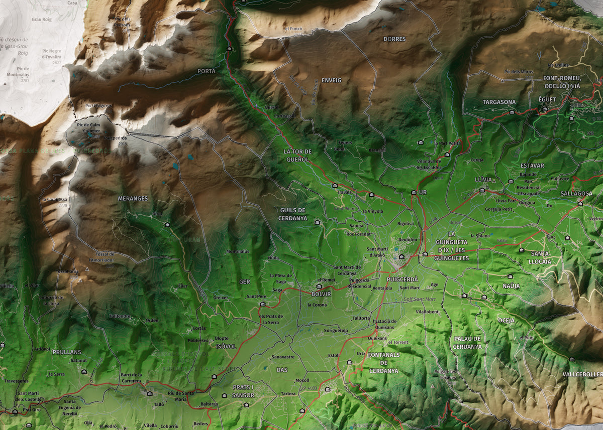 Mapa de relleu de la Cerdanya completa, amb el territori en color i l’entorn en blanc. Detall de la part central. 50 × 70 cm. Estil Clàssic.