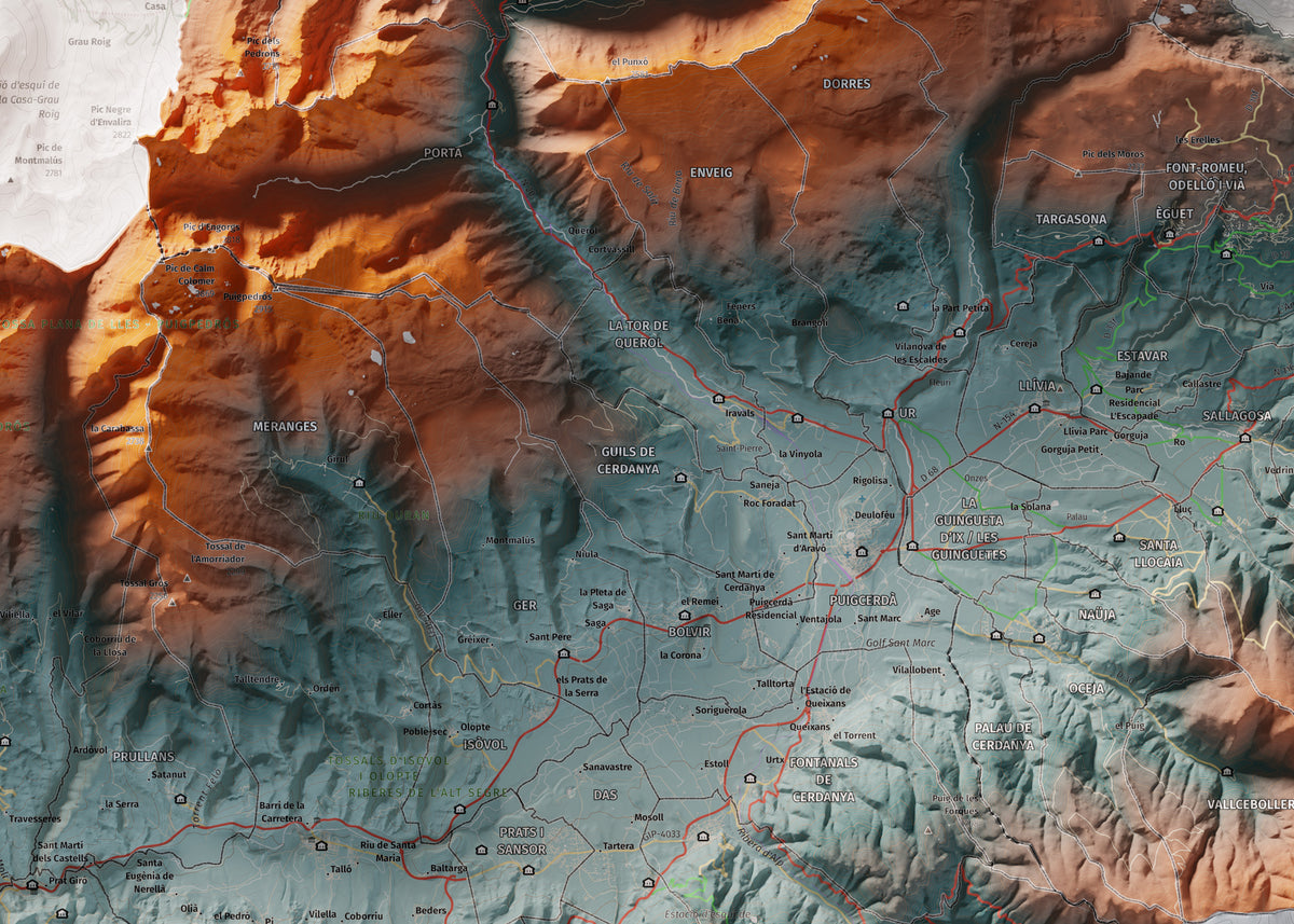 Mapa de relleu de la Cerdanya completa, amb el territori en color i l’entorn en blanc. Detall de la part central. 50 × 70 cm. Estil Blau i taronja. Aigua del mapa en blanc.