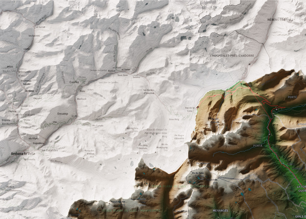 Mapa de relieve de la Cerdanya completa, con el territorio en color y el entorno en blanco. Detalle de la zona superior izquierda. 50 × 70 cm. Estilo Clásico.