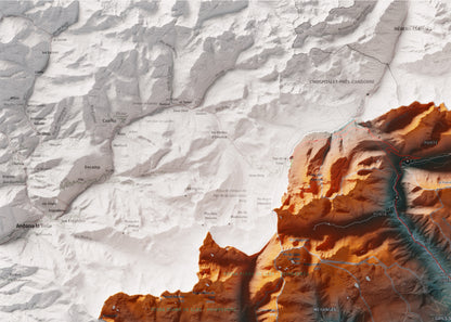 Mapa de relieve de la Cerdanya completa, con el territorio en color y el entorno en blanco. Detalle de la zona superior izquierda. 50 × 70 cm. Estilo Contrastado. Agua del mapa en blanco.