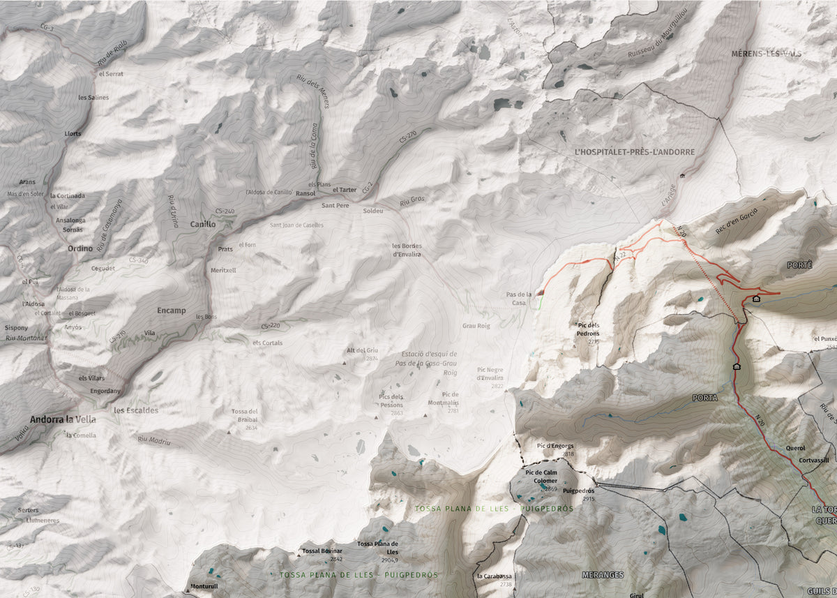 Mapa de relleu de la Cerdanya completa, amb el territori en color i l’entorn en blanc. Detall de la part superior esquerra. 50 × 70 cm. Estil Cartogràfic.