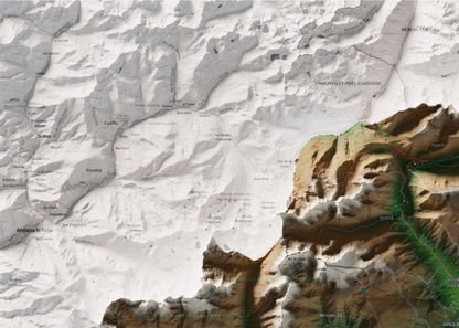 Mapa de relleu de la Cerdanya completa, amb el territori en color i l’entorn en blanc. Detall de la part superior esquerra. 50 × 70 cm. Estil Clàssic.