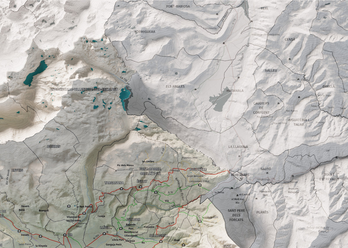 Mapa de relieve de la Cerdanya completa, con el territorio en color y el entorno en blanco. Detalle de la zona superior derecha. 50 × 70 cm. Estilo Cartográfico.