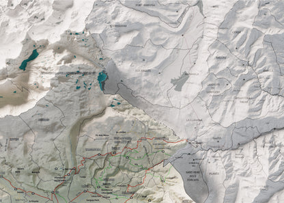 Mapa de relieve de la Cerdanya completa, con el territorio en color y el entorno en blanco. Detalle de la zona superior derecha. 50 × 70 cm. Estilo Cartográfico.
