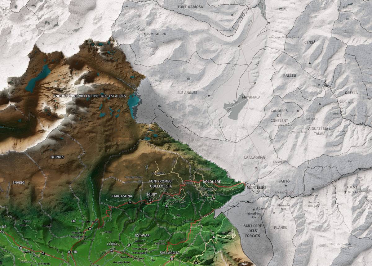 Mapa de relieve de la Cerdanya completa, con el territorio en color y el entorno en blanco. Detalle de la zona superior derecha. 50 × 70 cm. Estilo Clásico.