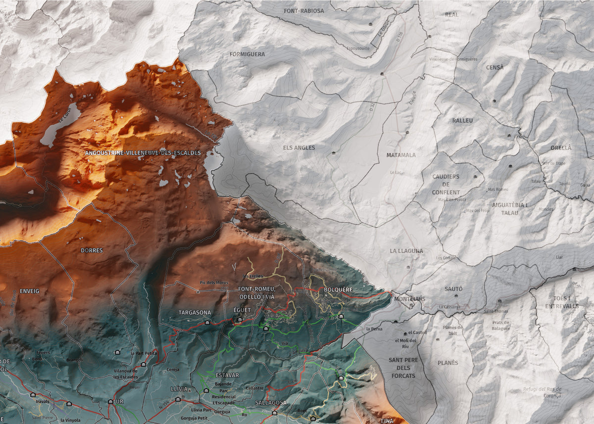 Mapa de relleu de la Cerdanya completa, amb el territori en color i l’entorn en blanc. Detall de la part superior dreta. 50 × 70 cm. Estil Blau i taronja. Aigua del mapa en blanc.