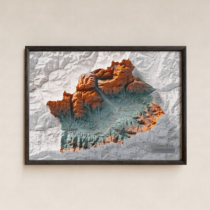 Mapa de relleu de la Cerdanya completa, amb el territori en color i l’entorn en blanc. Presentació amb marc. 50 × 70 cm. Estil Blau i taronja. Aigua del mapa en blanc.