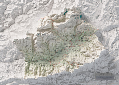 Mapa de relleu de la Cerdanya completa, amb el territori en color i l’entorn en blanc. Vista completa de la làmina. 50 × 70 cm. Estil Cartogràfic.