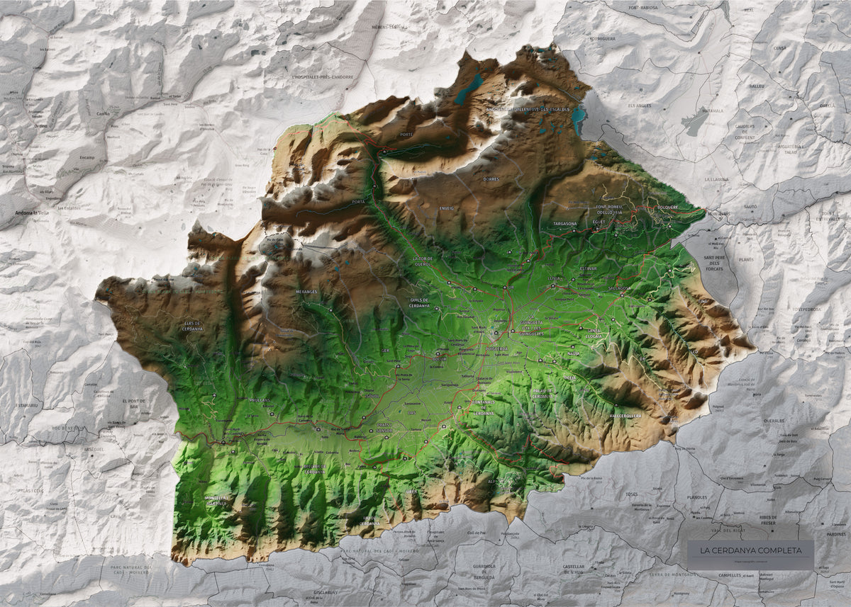 Mapa de relleu de la Cerdanya completa, amb el territori en color i l’entorn en blanc. Vista completa de la làmina. 50 × 70 cm. Estil Clàssic.