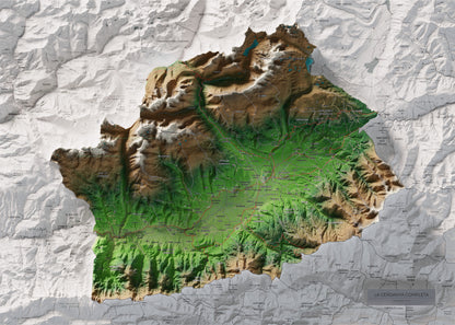 Mapa de relleu de la Cerdanya completa, amb el territori en color i l’entorn en blanc. Vista completa de la làmina. 50 × 70 cm. Estil Clàssic.