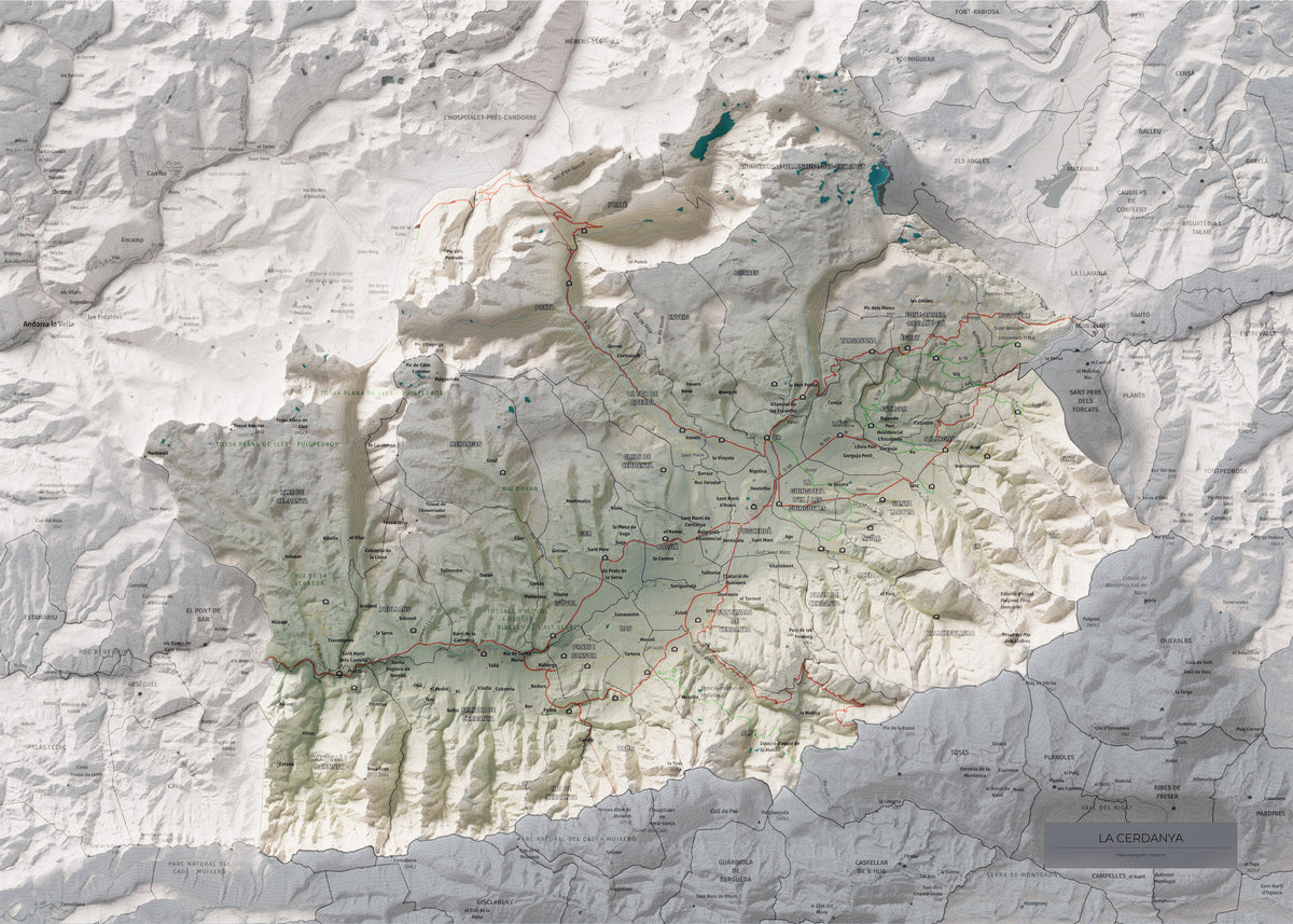 Mapa de relieve de la Cerdanya completa, con el territorio en color y el entorno en blanco. Vista completa de la lámina. 50 × 70 cm. Estilo Cartográfico.