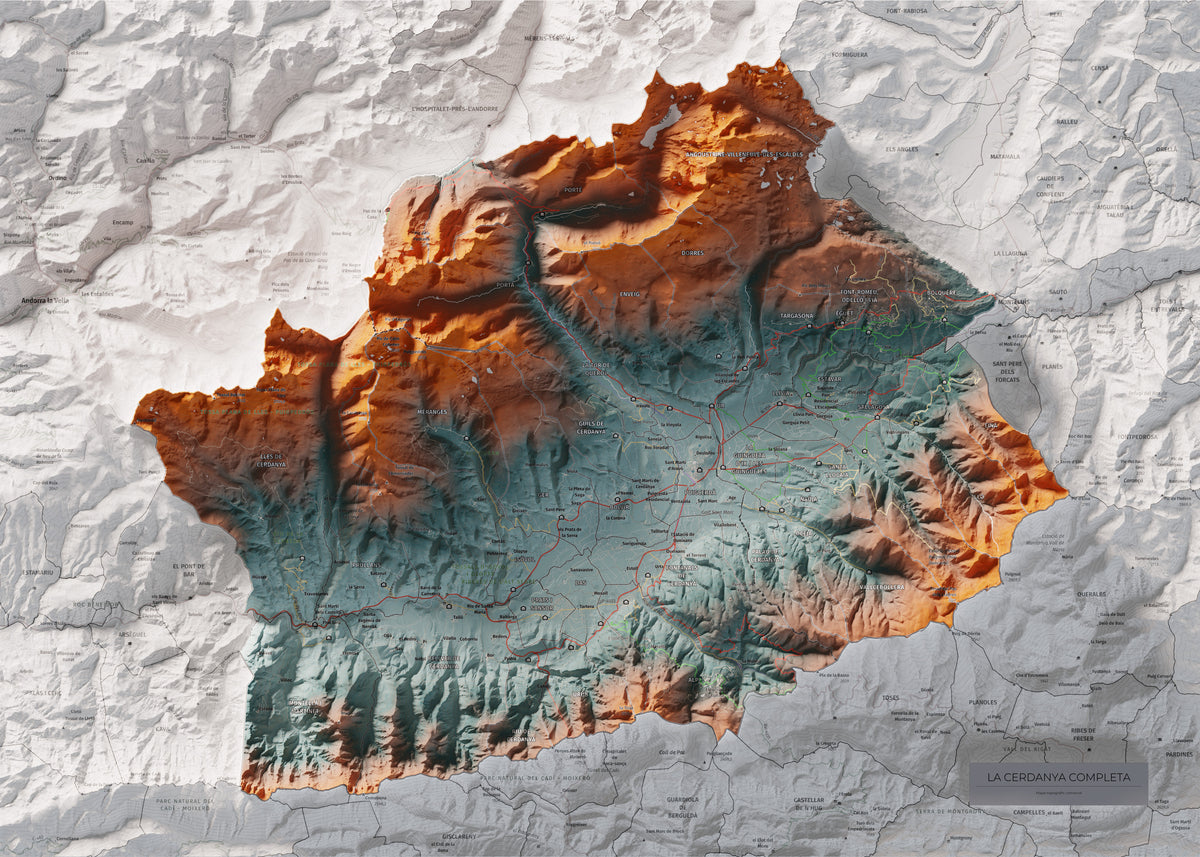 Mapa de relleu de la Cerdanya completa, amb el territori en color i l’entorn en blanc. Vista completa de la làmina. 50 × 70 cm. Estil Blau i taronja. Aigua del mapa en blanc.