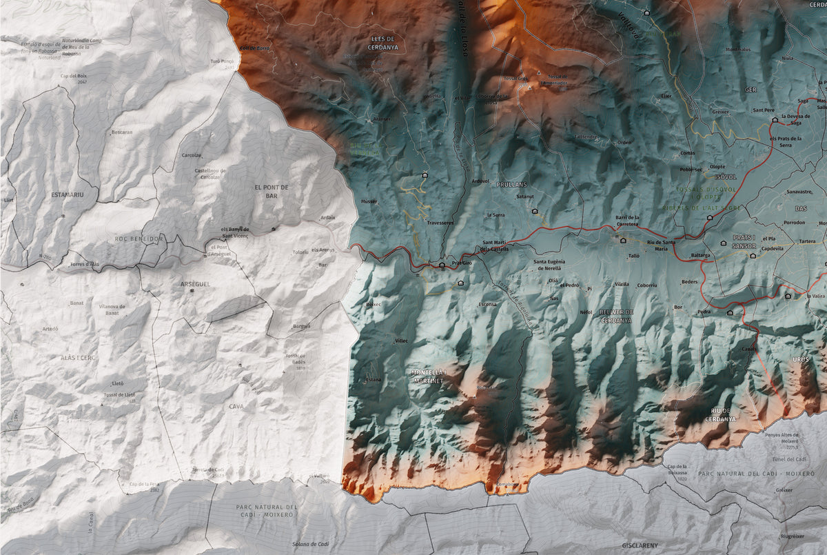 Mapa de relieve de la Cerdanya completa, con el territorio en color y el entorno en blanco. Detalle de la zona inferior izquierda. 61 × 91 cm. Estilo Contrastado. Agua del mapa en blanco.