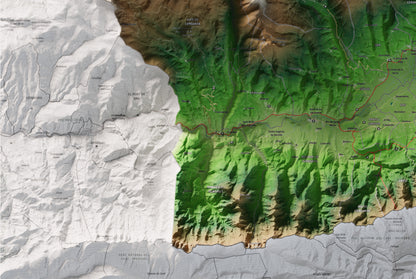 Mapa de relieve de la Cerdanya completa, con el territorio en color y el entorno en blanco. Detalle de la zona inferior izquierda. 61 × 91 cm. Estilo Clásico.