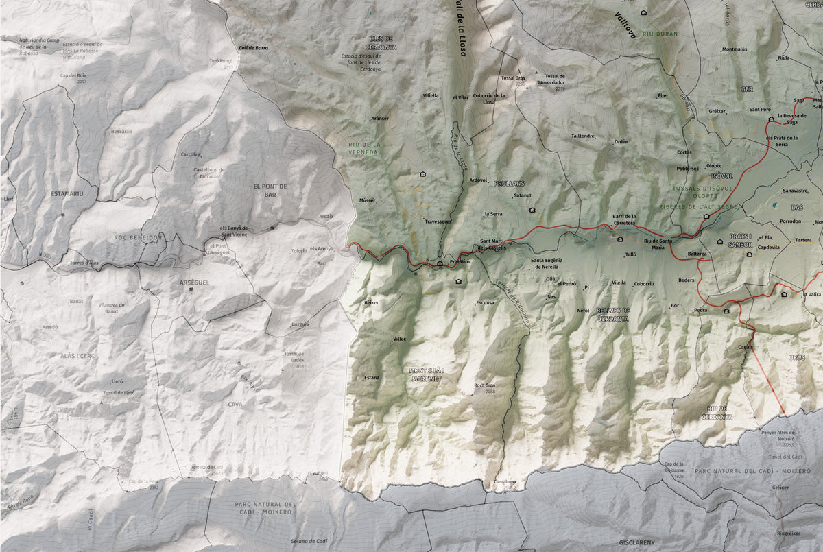 Mapa de relleu de la Cerdanya completa, amb el territori en color i l’entorn en blanc. Detall de la part inferior esquerra. 61 × 91 cm. Estil Cartogràfic.