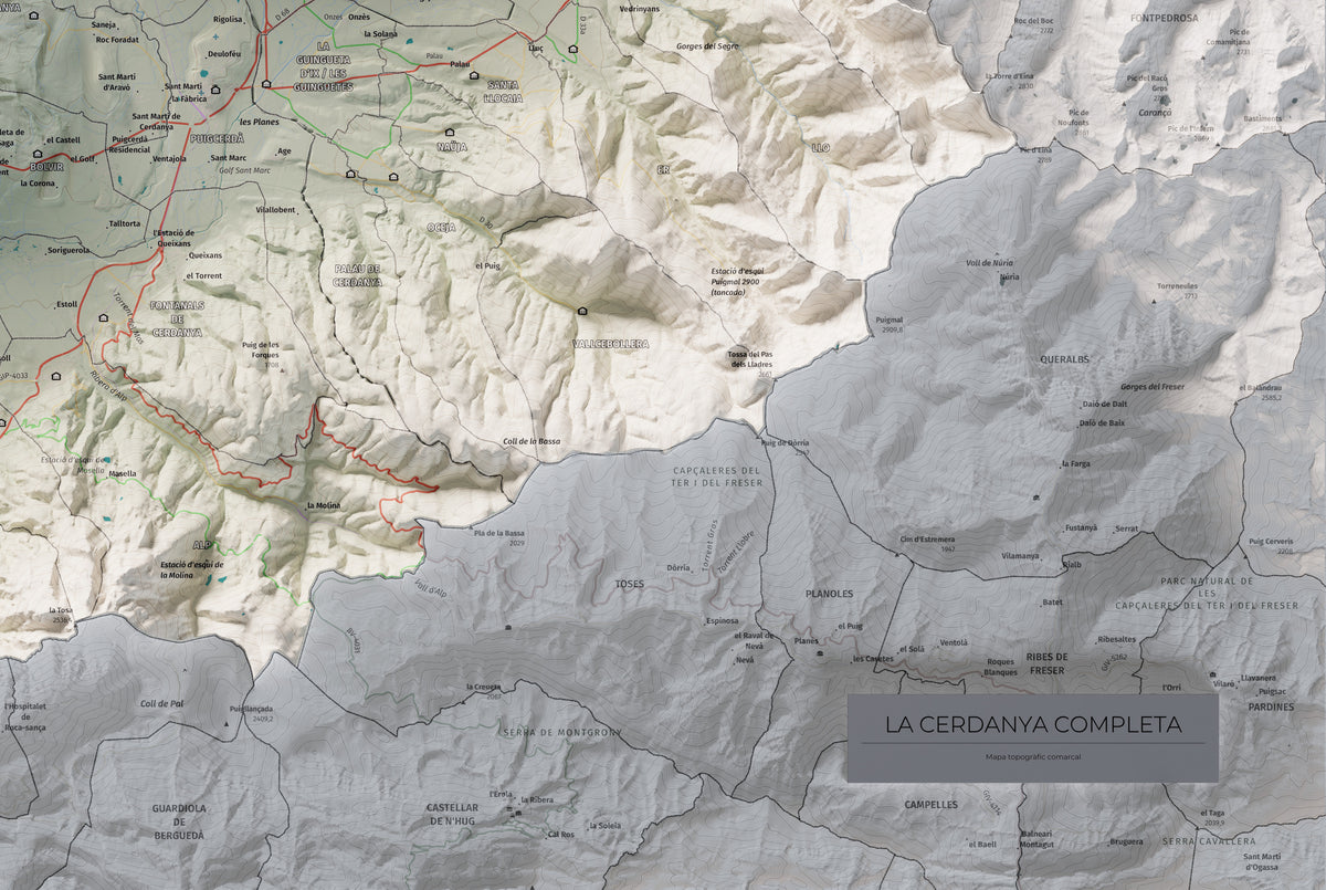 Mapa de relleu de la Cerdanya completa, amb el territori en color i l’entorn en blanc. Detall de la part inferior dreta. 61 × 91 cm. Estil Cartogràfic.