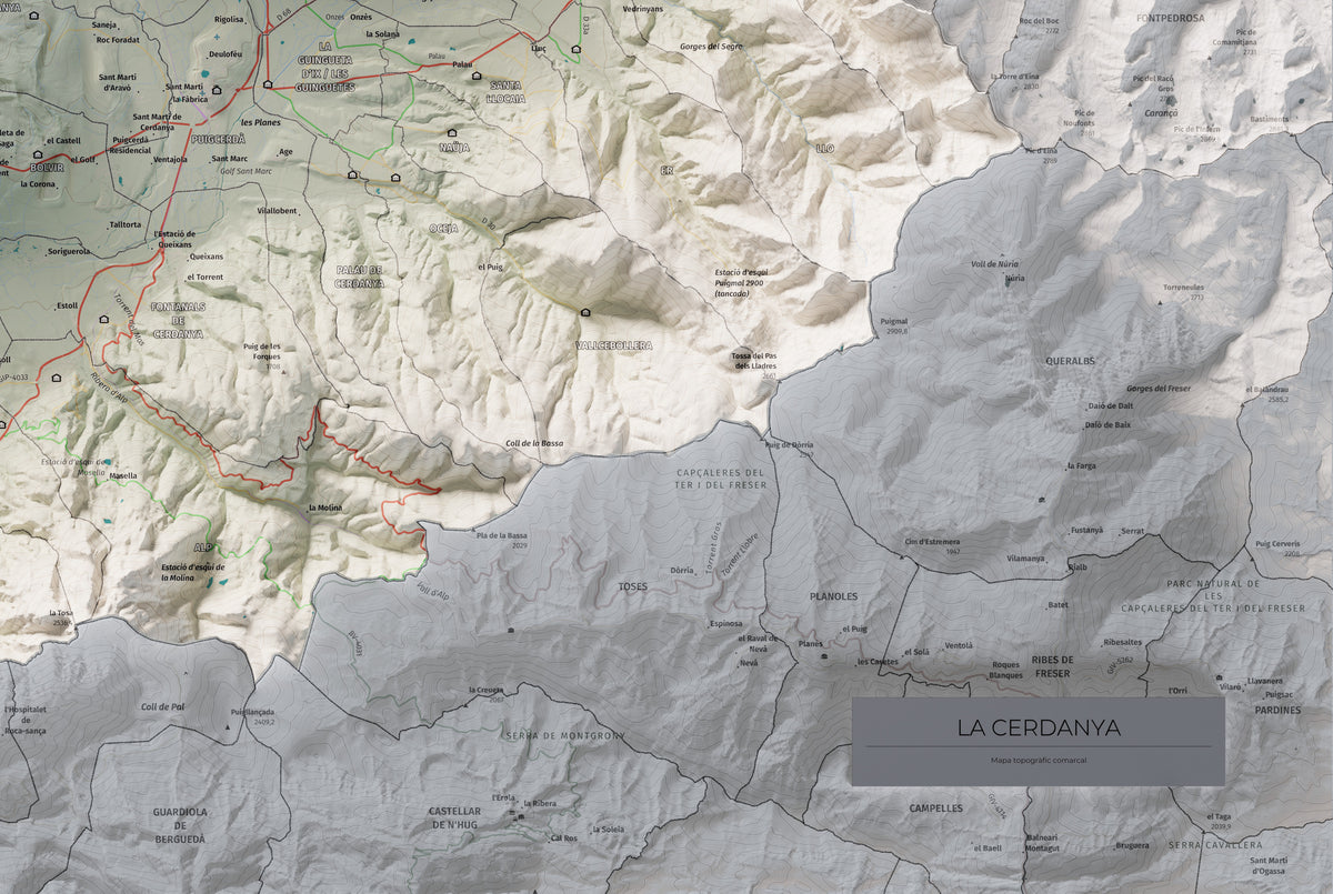 Mapa de relieve de la Cerdanya completa, con el territorio en color y el entorno en blanco. Detalle de la zona inferior derecha. 61 × 91 cm. Estilo Cartográfico.