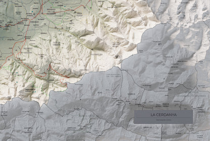 Mapa de relieve de la Cerdanya completa, con el territorio en color y el entorno en blanco. Detalle de la zona inferior derecha. 61 × 91 cm. Estilo Cartográfico.