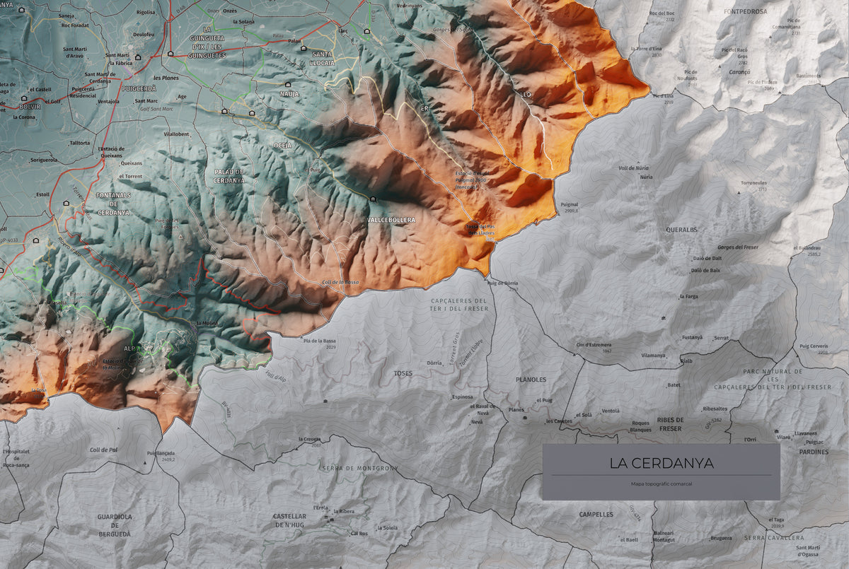 Mapa de relieve de la Cerdanya completa, con el territorio en color y el entorno en blanco. Detalle de la zona inferior derecha. 61 × 91 cm. Estilo Contrastado. Agua del mapa en blanco.