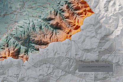 Mapa de relleu de la Cerdanya completa, amb el territori en color i l’entorn en blanc. Detall de la part inferior dreta. 61 × 91 cm. Estil Blau i taronja. Aigua del mapa en blanc.