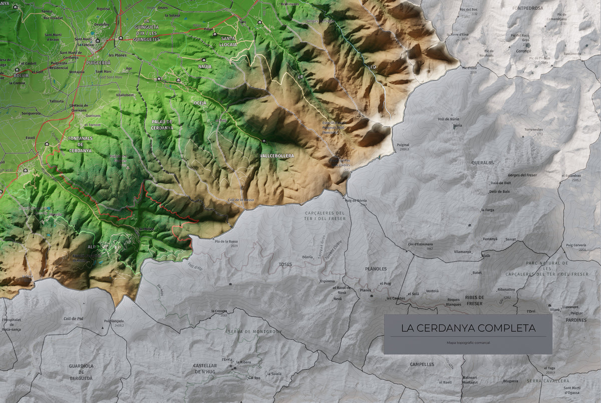 Mapa de relleu de la Cerdanya completa, amb el territori en color i l’entorn en blanc. Detall de la part inferior dreta. 61 × 91 cm. Estil Clàssic.