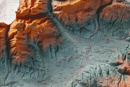 Mapa de relieve de la Cerdanya completa, con el territorio en color y el entorno en blanco. Detalle de la zona central. 61 × 91 cm. Estilo Contrastado. Agua del mapa en blanco.
