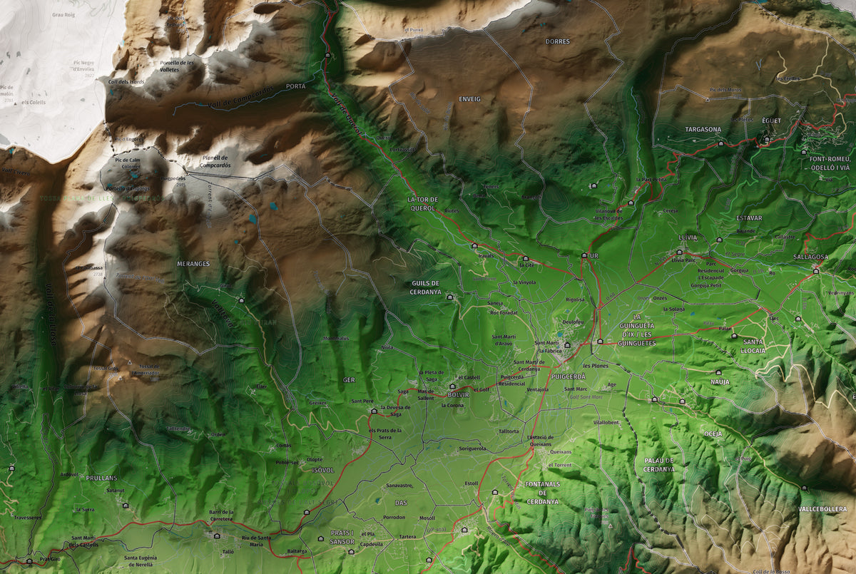 Mapa de relleu de la Cerdanya completa, amb el territori en color i l’entorn en blanc. Detall de la part central. 61 × 91 cm. Estil Clàssic.