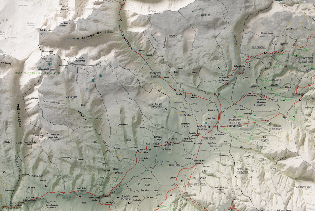 Mapa de relleu de la Cerdanya completa, amb el territori en color i l’entorn en blanc. Detall de la part central. 61 × 91 cm. Estil Cartogràfic.