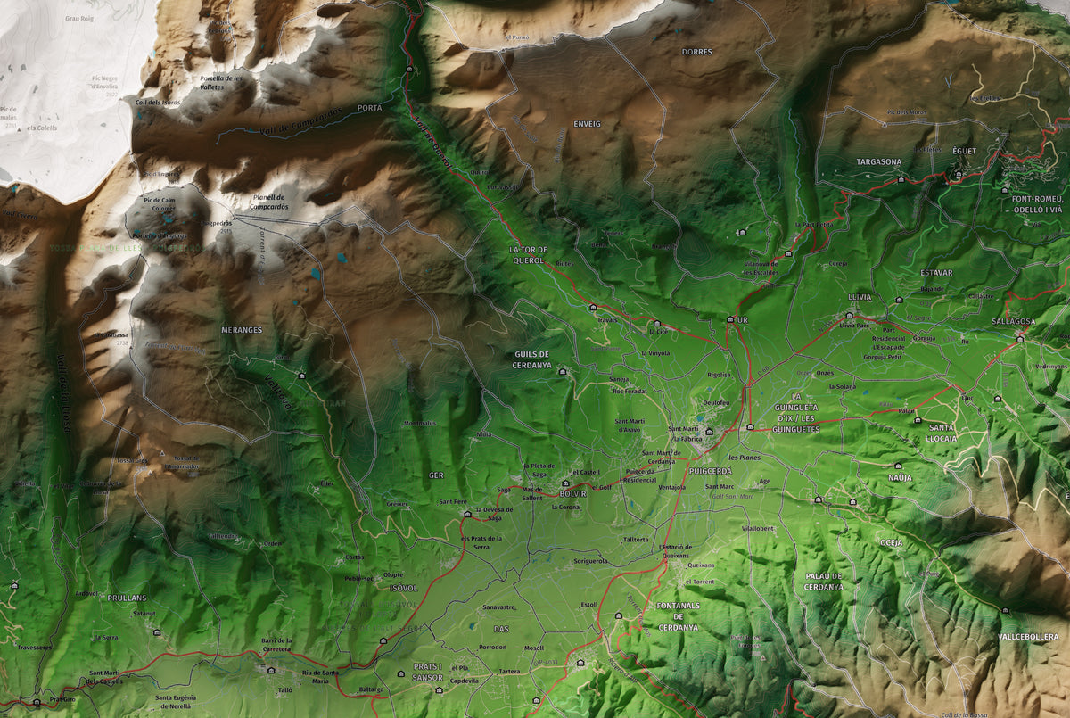 Mapa de relieve de la Cerdanya completa, con el territorio en color y el entorno en blanco. Detalle de la zona central. 61 × 91 cm. Estilo Clásico.