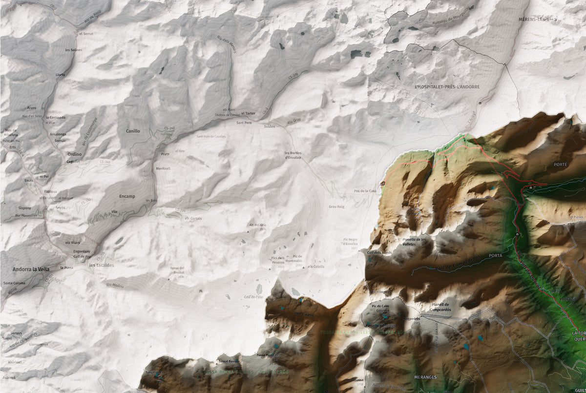 Mapa de relieve de la Cerdanya completa, con el territorio en color y el entorno en blanco. Detalle de la zona superior izquierda. 61 × 91 cm. Estilo Clásico.