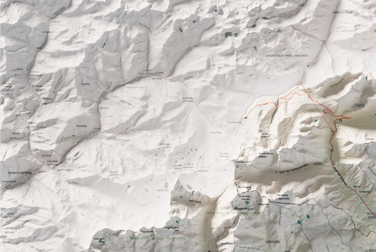 Mapa de relleu de la Cerdanya completa, amb el territori en color i l’entorn en blanc. Detall de la part superior esquerra. 61 × 91 cm. Estil Cartogràfic.