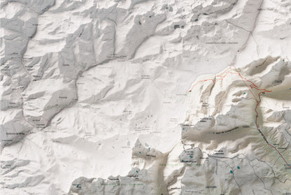 Mapa de relleu de la Cerdanya completa, amb el territori en color i l’entorn en blanc. Detall de la part superior esquerra. 61 × 91 cm. Estil Cartogràfic.