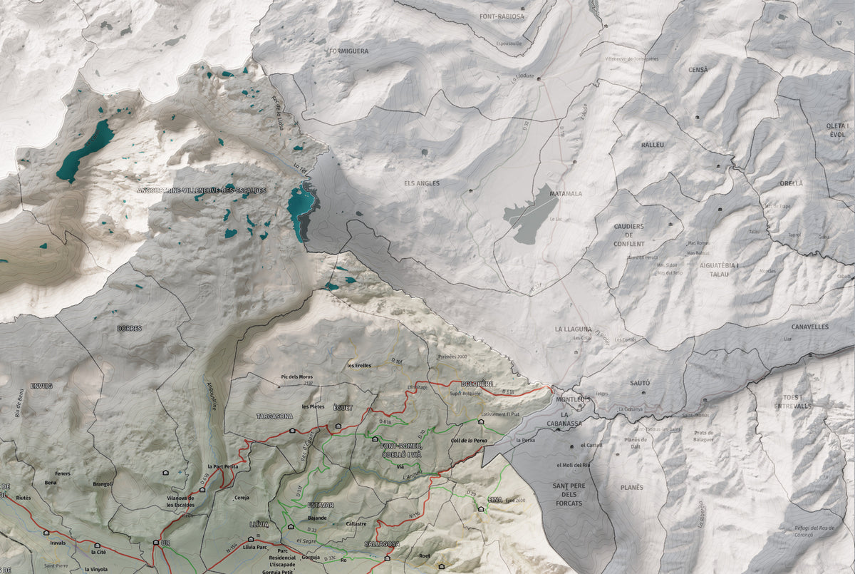 Mapa de relleu de la Cerdanya completa, amb el territori en color i l’entorn en blanc. Detall de la part superior dreta. 61 × 91 cm. Estil Cartogràfic.