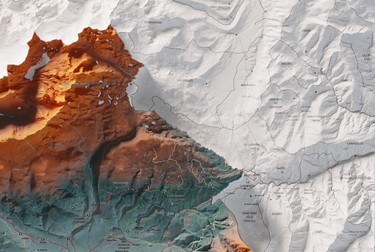 Mapa de relieve de la Cerdanya completa, con el territorio en color y el entorno en blanco. Detalle de la zona superior derecha. 61 × 91 cm. Estilo Contrastado. Agua del mapa en blanco.