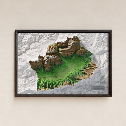Mapa de relleu de la Cerdanya completa, amb el territori en color i l’entorn en blanc. Presentació amb marc. 61 × 91 cm. Estil Clàssic.