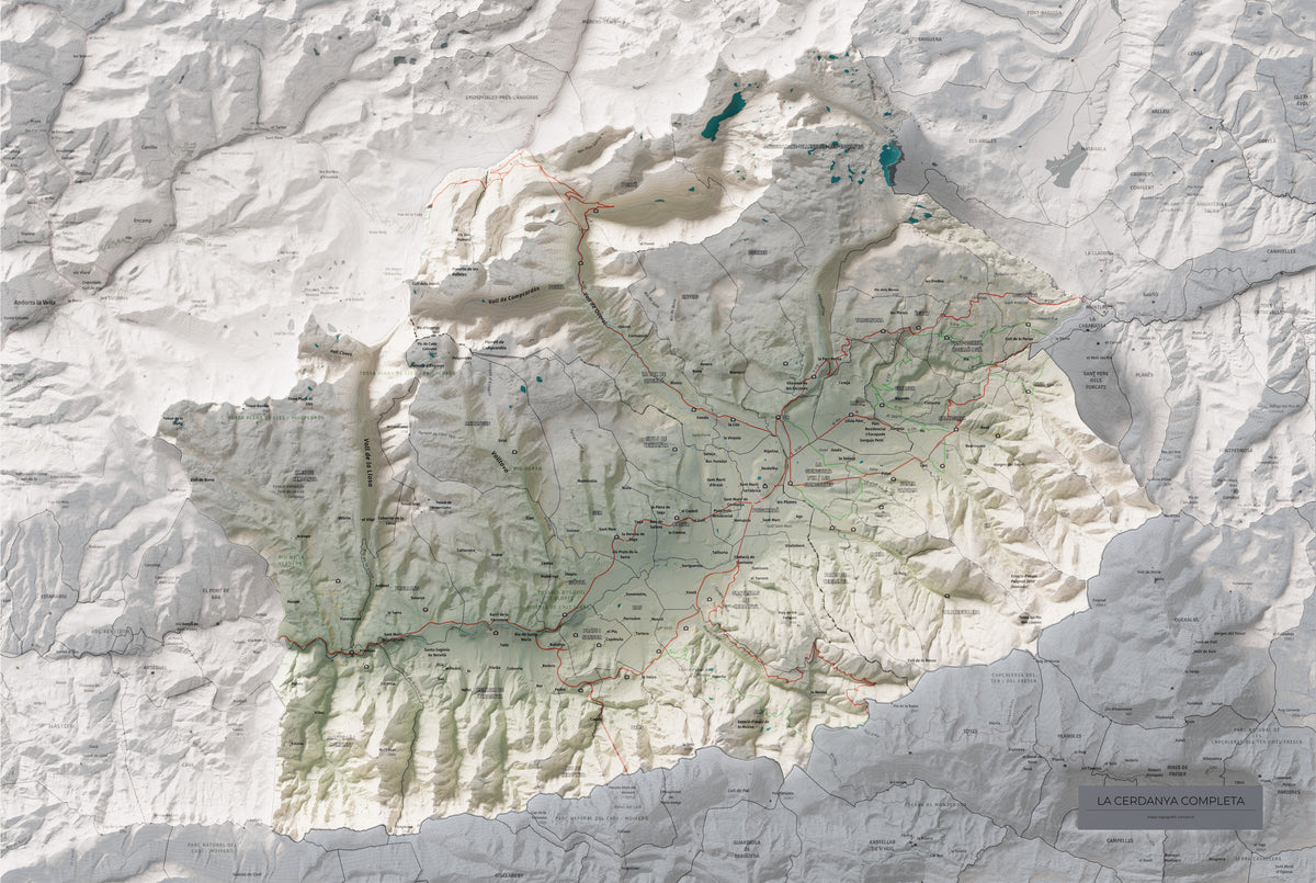 Mapa de relleu de la Cerdanya completa, amb el territori en color i l’entorn en blanc. Vista completa de la làmina. 61 × 91 cm. Estil Cartogràfic.