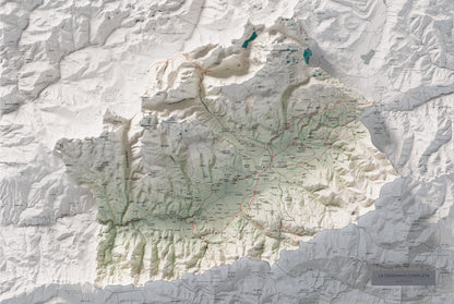 Mapa de relleu de la Cerdanya completa, amb el territori en color i l’entorn en blanc. Vista completa de la làmina. 61 × 91 cm. Estil Cartogràfic.
