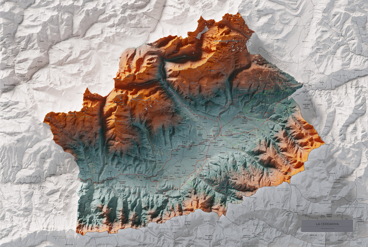 Mapa de relieve de la Cerdanya completa, con el territorio en color y el entorno en blanco. Vista completa de la lámina. 61 × 91 cm. Estilo Contrastado. Agua del mapa en blanco.